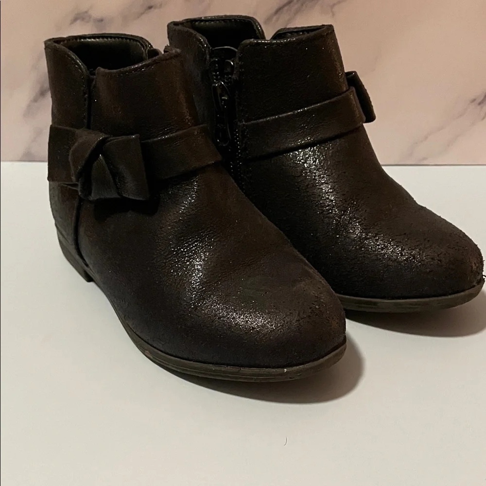 Cat & Jack Toddler Girl Size 9 Sparkle Black Bow Ankle Boots Side Zip
